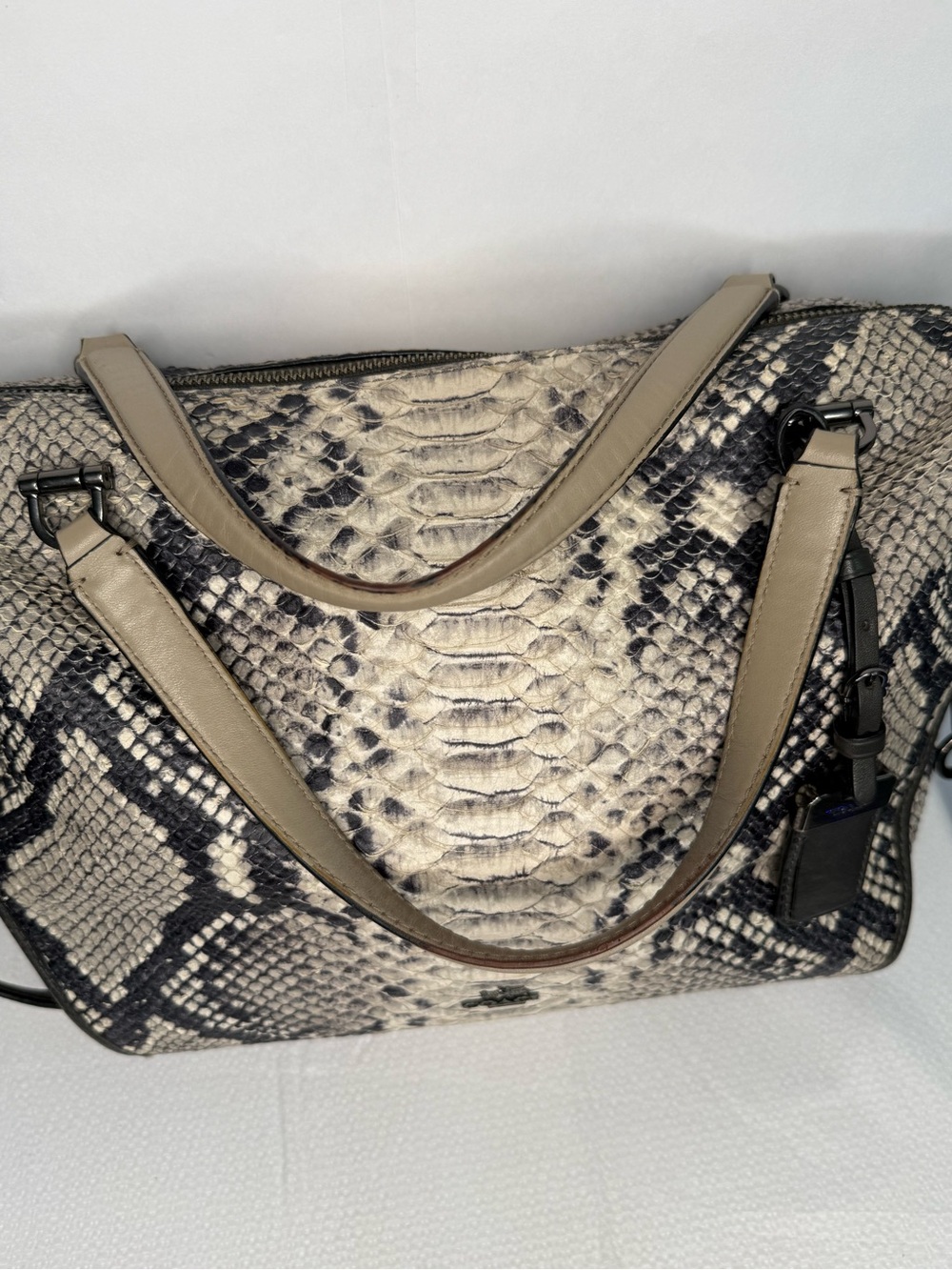 Coach Snake-Embossed Leather Beige and Black Hand Bag - Picture 2 of 12